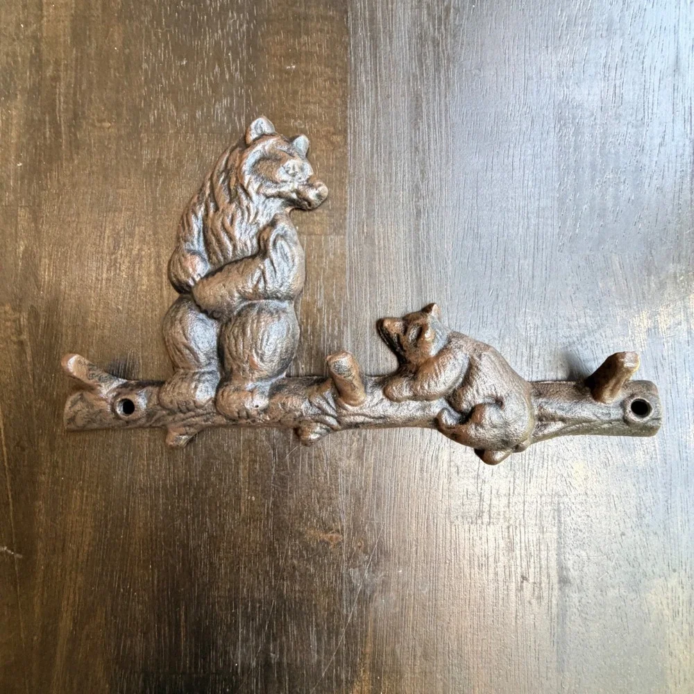 Bear and Cub Metal Cast Iron Wall Hook Rustic Cabin Lodge Decor (3 hooks)